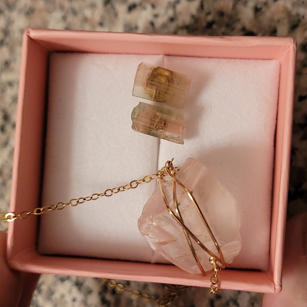 Raw rose quartz crystal wire wrapped necklace & watermelon tourmaline earrings